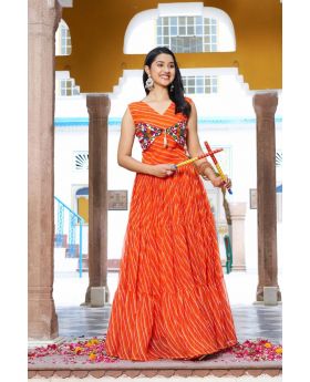 Orange Elegant Georgette Bandhani Gown with Real Mirror Embroidered
