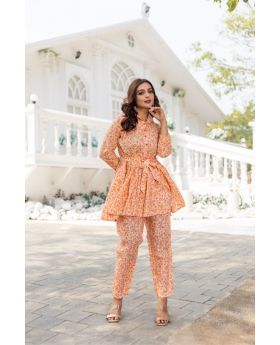 Orange Indo Cotton Printed Co-ord Set for Women Kurti & Pant Set