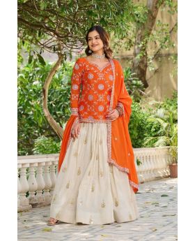 Orange Short Kurti & Tissue Silk Lehenga Set With Embroidered Dupatta