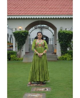 Parrot Rayon Gown with Kutchi Gamthi Work With Front-Back Neck Design