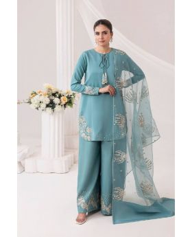 Pastel Blue Pure Natural Crep Silk Plazo Kurta Dupatta Suit Set