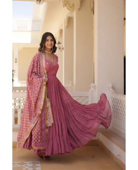 Faux Peach Georgette Gown Embroidered with Dupatta Sequins