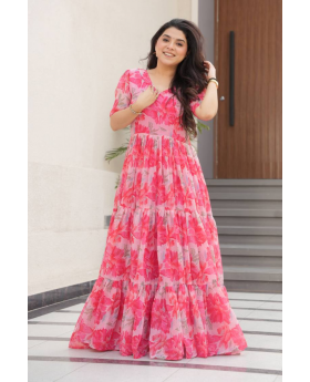 Anarkali Suit with Dupatta in Peach Faux Georgette Print