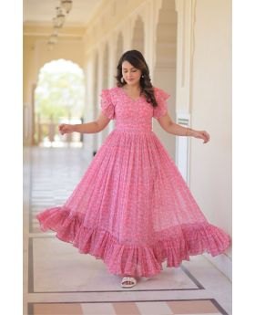 Peach Faux Georgette With print Gown Frill Pattern