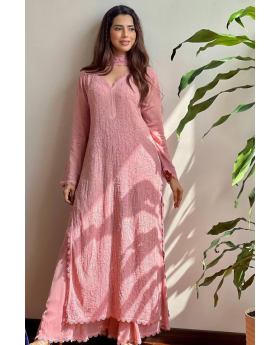Kurta Dupatta Pant Set in Peach Fox Georgette Febric with Chikankari