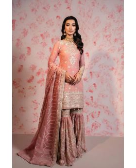 Peach Heavy Faux Georgette Sharara Dupatta Suit Set Embroidered
