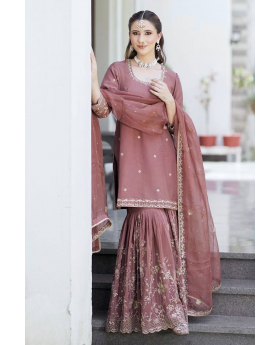 Three-piece Kurta Dupatta Sharara Suit Set in Peach Pure Chinon Silk