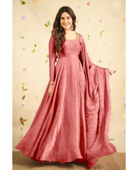 Peach Crush Silk Gown with Dupatta in Soft Gold