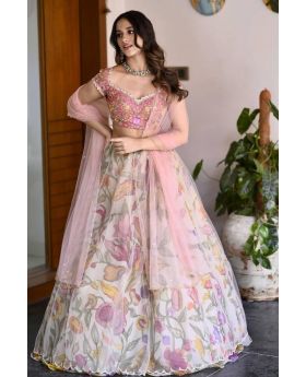 Peach Chinon Silk Lehenga Set with Embroidered Net Dupatta 