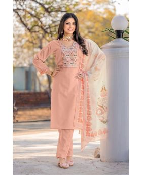 Peach  Elegant Cotton Kurta Dupatta Pant Set with Embroidered