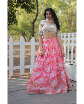 Pink Lehanga Choli Dupatta Set with Digitally Printed Faux Georgette