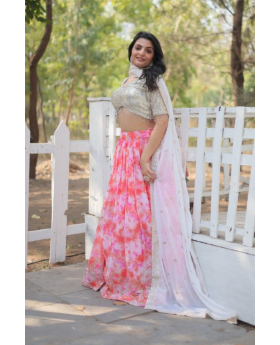 Pink Lehanga Choli Dupatta Set with Digitally Printed Faux Georgette