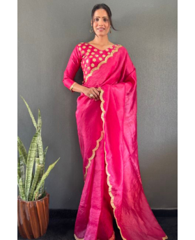 Pink Gold crush Silk Saree With Designer Border Work