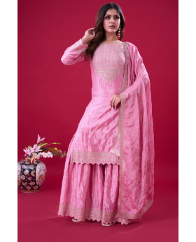 Three-piece embroidered kurta dupatta suit set in pink heavy chinon silk