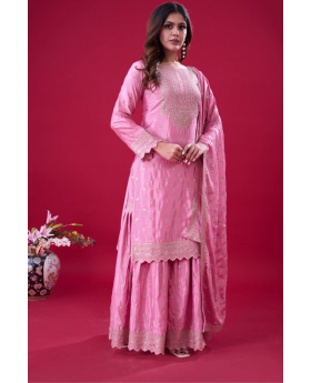 Three-piece embroidered kurta dupatta suit set in pink heavy chinon silk