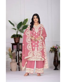 Pink Heavy Faux Georgette Kurta Pant Dupatta Suit Set