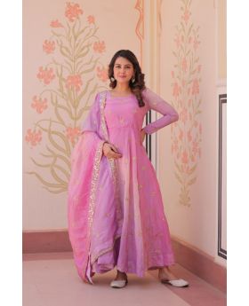 Pink Pedding Gold Organza Gown With Dupatta Embroidered