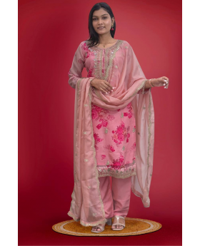 Three-piece kurta dupatta pantsuit set in pink pure kundan organza.