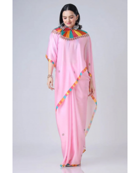 Digital Printing of a Pink Satin Creap Silk Saree