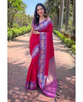 Little designs on a pink soft silk saree Zari Weaving