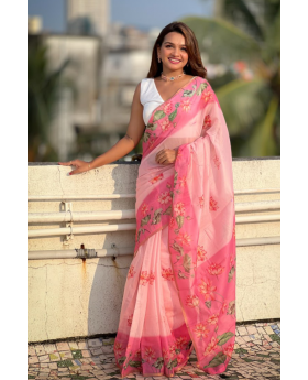 Weaving Work on a Pink Soft Silk Saree Zari