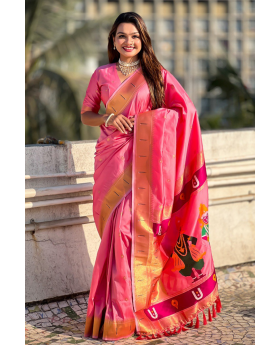 Pink Soft Silk sarees with floral motifs weaves