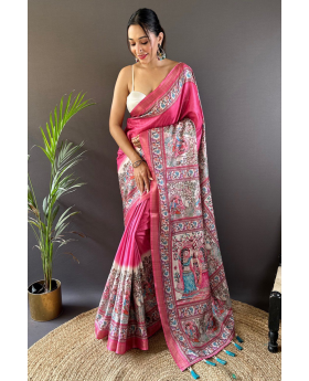 Sarees made of pink Tussar silk with Madhubani designs