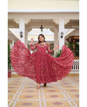 Pink Bandhani Faux Georgette Gown with Gamathi Embroidery