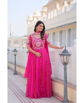 Pink Bandhej Faux Georgette Gown with Sequined Dupatta 