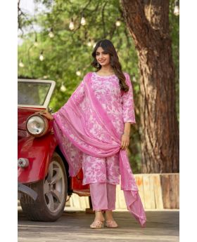Pink Cotton Straight Kurta Set with Embroidered Neckline
