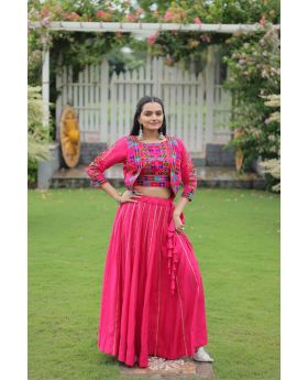Pink Festive Roman Fabric Lehenga with Embroidered Top
