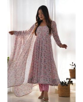 Pink Floral Anarkali Pant Set with Chiffon Dupatta & Full Flair