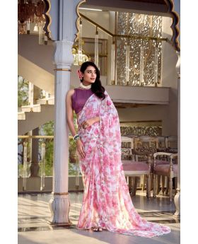 Pink Floral Printed Marble Look Saree with Moonga Silk Blouse