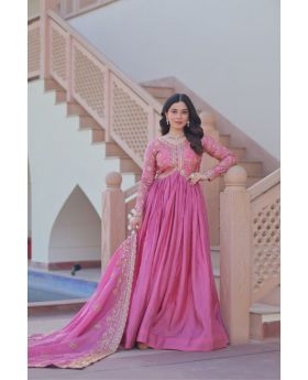 Pink Gold Crush Fabric Gown & Dupatta Set with Embroidery