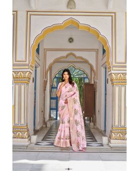 Pink Kota Crystal Saree Embroidery Thread Work & Jacquard Border