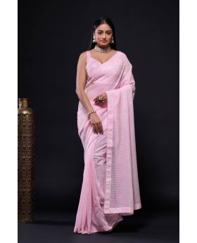 Pink Rainbow Sequin Work Georgette Saree with Piping Border
