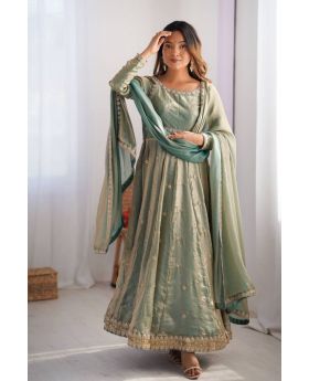 Pista Green Fandy Silk Anarkali Gown Set with Dupatta & Pant
