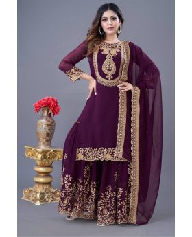 Faux Purple Blooming Three Pieces of Georgette Sharara Kurta Dupatta Suit Set.