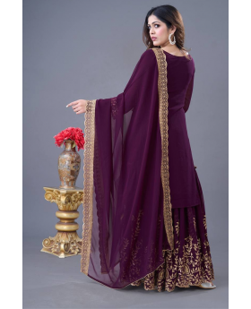 Faux Purple Blooming Three Pieces of Georgette Sharara Kurta Dupatta Suit Set.