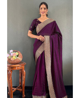 Vichitra silk saree in purple bloom with lovely Zari