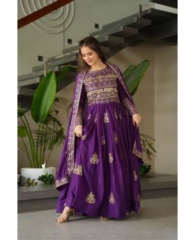 Purple Chinnon Fabric gown With Dupatta Embroidered