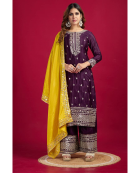 Chinnon silk in purple with a lot of embroidery Set of Kurta Dupattas
