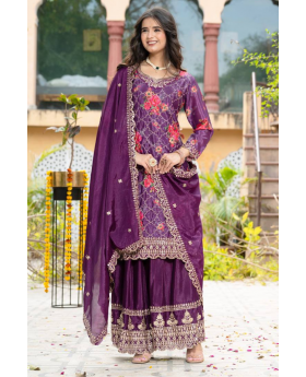 Embroidered Purple Chinon Kurta Dupatta Pant Sharara Suit Set
