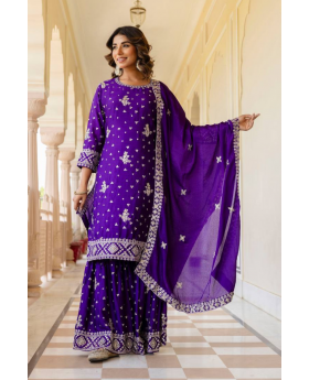 Embroidered Purple Chinon Kurta Pant Dupatta Set Sharara Suit