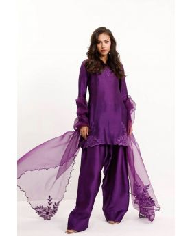 Purple Elegant Beaded Kurta Set with Farshi Salwar & Net Dupatta 