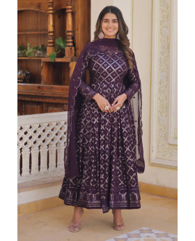 Purple Anarkali Gown with Dupatta and Faux Blooming