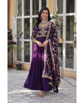 Zari Anarkali Gown With Dupatta & Purple Faux Blooming With Sequins-Multi