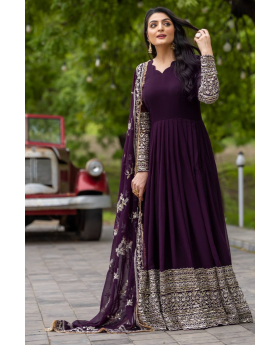 Faux Purple Three-piece suit set with a Georgette gown, dupatta, and pants