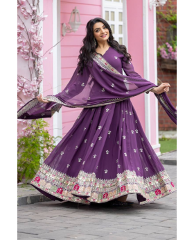Purple Fake Georgette Gown Work with Embroidery