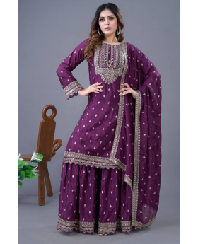 Sharara Dupatta Set in Purple Heavy Chinon Silk